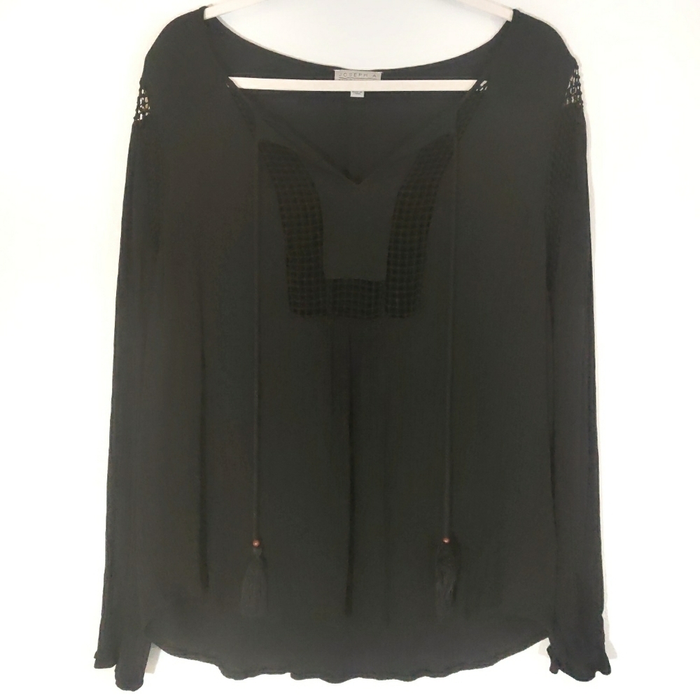 Joseph A Black Gauze & Crochet Long Sleeve Top XXL